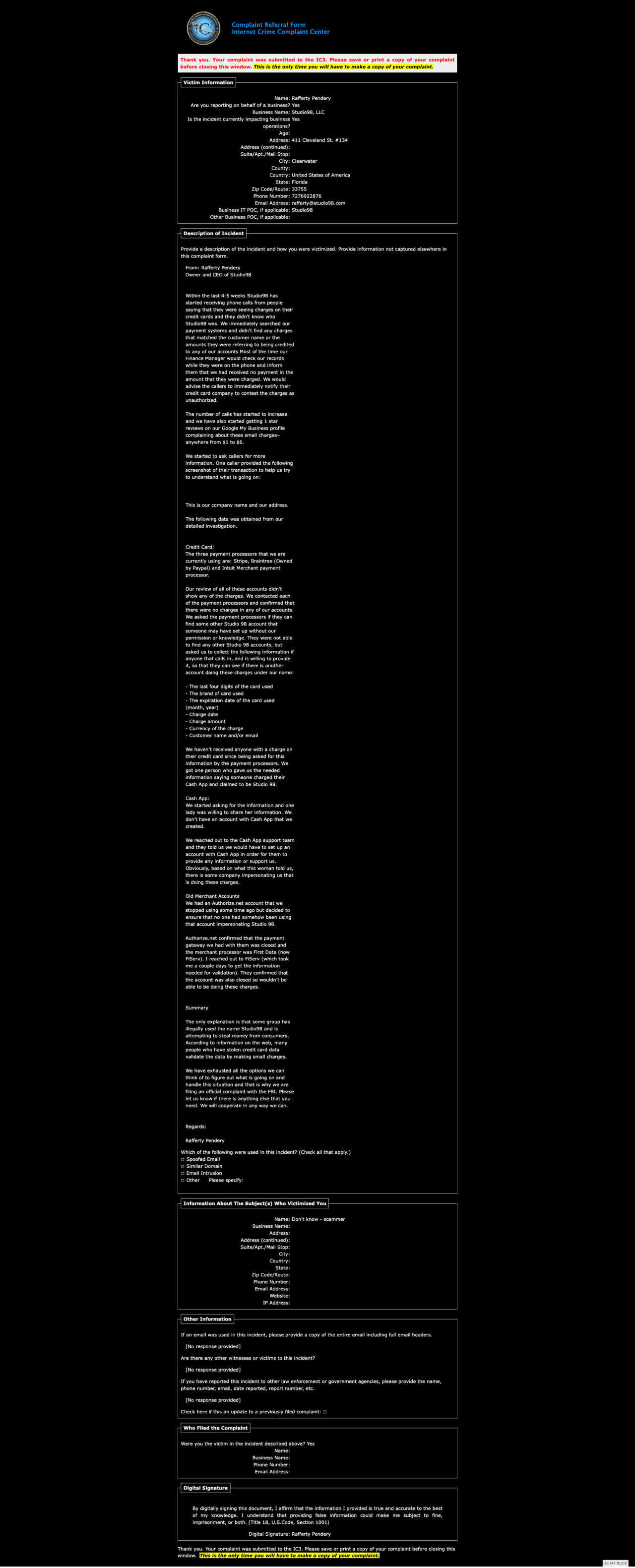 Scammer Using Studio98 Name in Unauthorized Charges - Studio98 Consulting