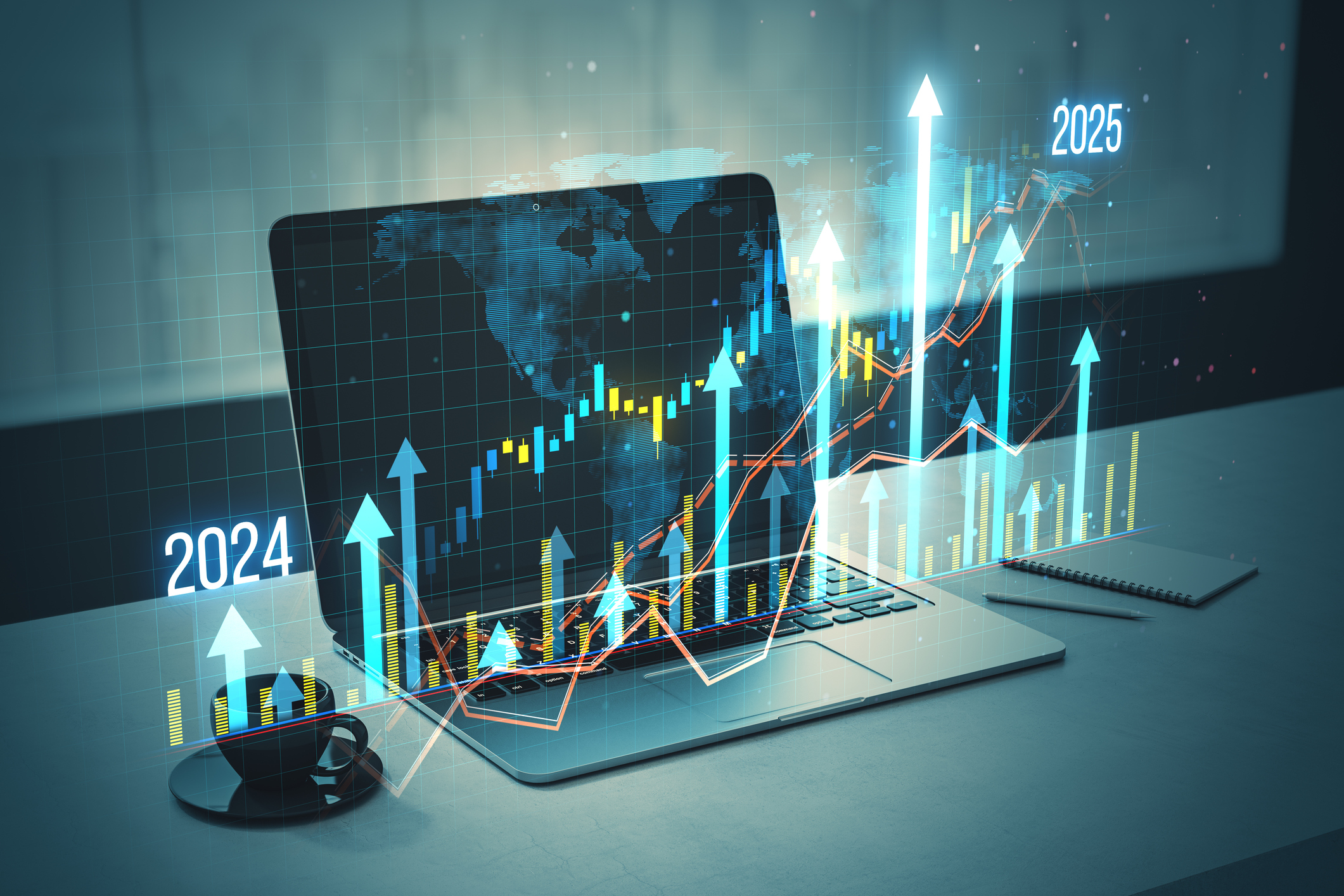 Digital graphs and charts displaying business growth on a laptop screen with futuristic holographic overlays.
