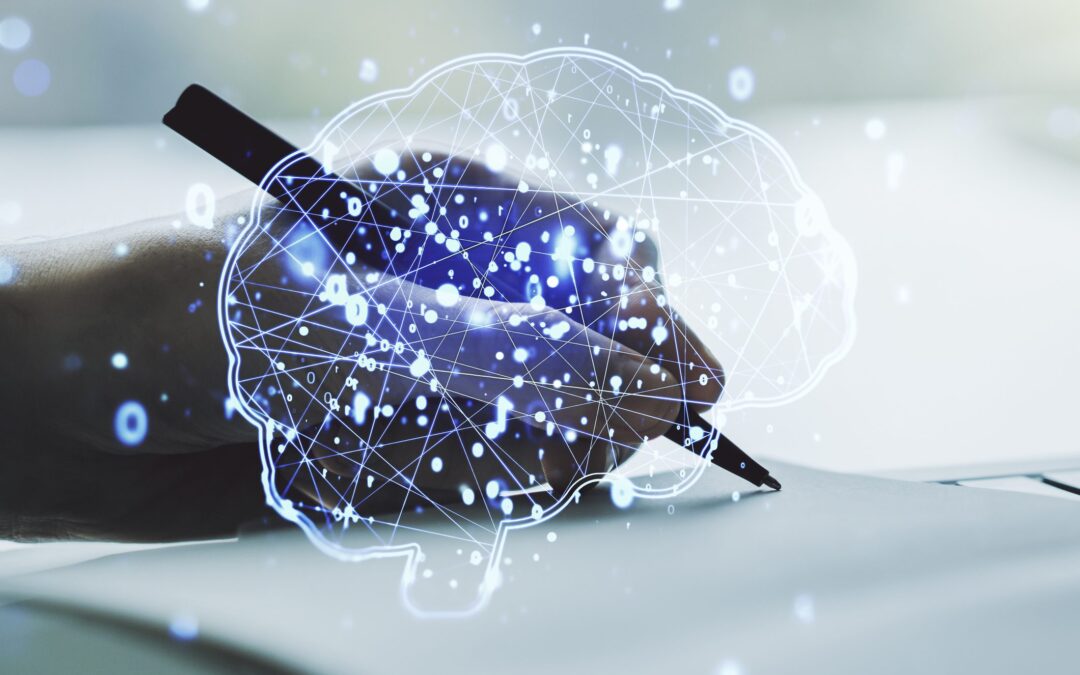 Creative artificial Intelligence concept with human brain sketch and man hand writing in diary on background