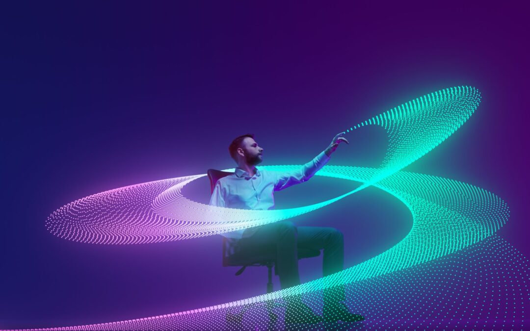 professional in formal attire examine and interact with flowing digital colorful wave